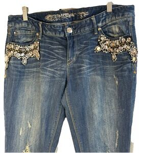 Express Zelda Skinny Distressed Denim Jeans Womens Size 12 Rhinestone Low rise